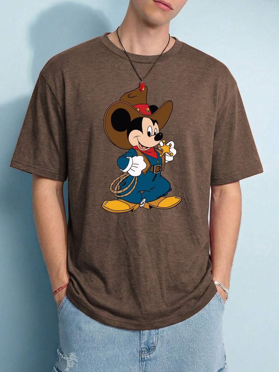 Disney 复古街头风米老鼠字母印花T恤，纹理面料，男士圆领短袖T恤。 - 咖啡棕 - 查看 1