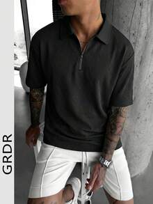GRDR 夏季男士多功能纹理 Polo 衫，半拉链设计，翻领短袖 T 恤，休闲日常穿着 - 黑色 - 查看 2