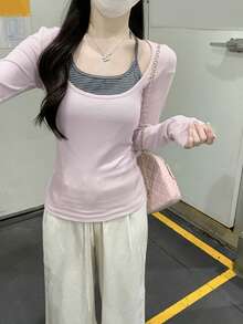 极简性感方领拼接仿两件式长袖打底衫 - 粉色 - 查看 5