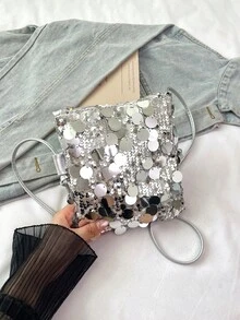 1个绗缝开合式PVC亮片小方包，时尚闪亮亮片零钱包手机包，女士派对活动包，新款时尚链条斜挎包，闪亮亮片别致单肩包，适合女士出席宴会和派对 - 銀色 - 查看 10