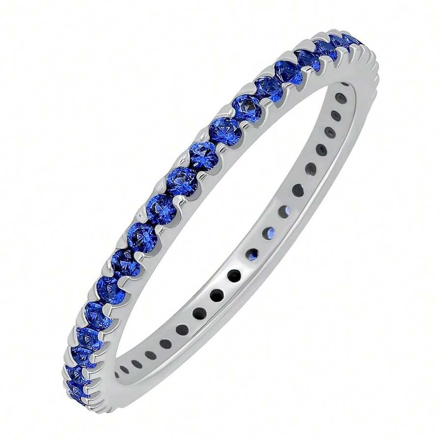 Stackable Eternity Ring For Women |Gold Plated – Ruby, Blue Sapphire, Simulated Diamond, Pink Sapphire, Emerald| Wedding Band |Hypoallergenic Rings| Labradorite Ring | Birthstone Gift Jewelry For Her - 藍寶石(白金) - 查看 1