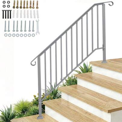 Handrails For Outdoor Steps, Wrought Iron Handrail Fits 4 Or 5 Steps, Transitional Handrail With Installation Kit & Waterproof Cover, Stair Railing For Concrete Steps Or Wooden Stairs(Sliver)