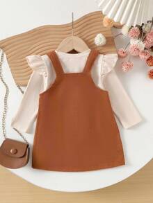 2Pcs Toddler Girls Cute & Stylish Long Sleeve Top + Bib Overall Dress Set, Lightweight For Spring & Autumn - Apricot - View 2