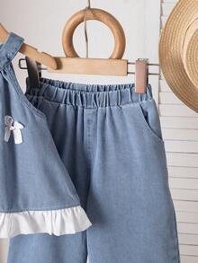 2件套女童韩版时尚蝴蝶结荷叶边无袖吊带背心和荷叶边拼接裤套装 - 淺藍色 - 查看 7