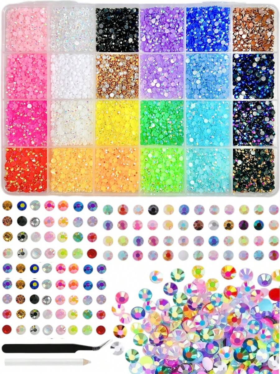 1 Box 5mm Colorful Crystal Rhinestones Nail Art Decorations, Random Mix, Mini Resin Flat Tweezers Pen, Suitable For Manicure Art, Handcraft, Clothing & Fabric Decor, DIY Nails - Multicolor - View 1