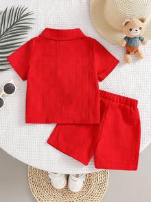 2pcs/Set Young Boy Textured Pocket Bear Embroidery Shirt And Shorts Street Fashion Children Outfit - Red - View 2