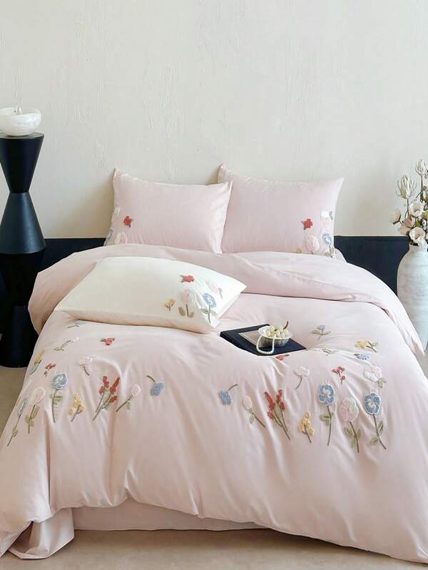 Flower And Plant Embroidery Duvet Cover Set, White Bedding Set 3pcs,Including 1 Duvet Cover And 2 Pillowcases, Ultra Soft Breathable Chic Comforter Cover