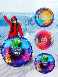 1个加厚PVC充气滑雪板 | 圆形雪橇，带便携提手，高回弹，圆角设计，可折叠便携，通用尺寸，适合滑雪场/庭院/户外滑雪，圣诞限量版礼物 - 彩色 - 查看 4