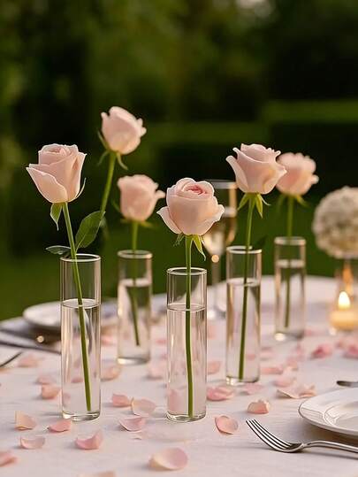 10 piezas/Set Jarrones de plástico cilíndricos, jarrones delgados y transparentes para un solo tallo, jarrones a granel de estilo minimalista para decoración del hogar, adecuados para bodas, cumpleaños, duchas nupciales, fiestas, centros de mesa para comedor, jarrones decorativos para estilistas de eventos y organizadores de fiestas