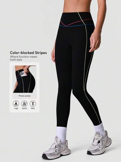Sodalemon Quần legging tập luyện co giãn dành cho nữ, phối sọc tương phản, có túi bên hông, kiểu dáng thường ngày, thích hợp cho tập gym, chạy bộ và yoga.