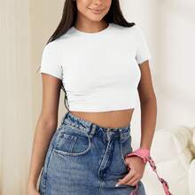 Women's High-Waisted Short Sleeve T-Shirt - Solid Black Round Neck Casual H-Line Top, Medium Stretch Short Length Length For Summer Casual Attire, Machine Washable Non- Fit Blouse American-Style Sexy Sporty Crop Top, Black Midriff-Baring T-Shirt, Summer Sportswear. - 黑色 - 查看 3