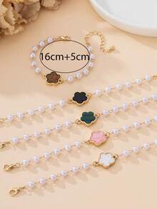 1件/套 优雅仿珍珠四叶草吊坠手链，可叠戴/百搭女孩手链套装 - 彩色 - 查看 6