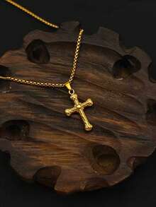 1pc Men's Simple Gold Cross Necklace, Stainless Steel Gold Cross Pendant Necklace, Basic Style Necklace, Men's Jewelry Gift - Yellow Gold - View 4