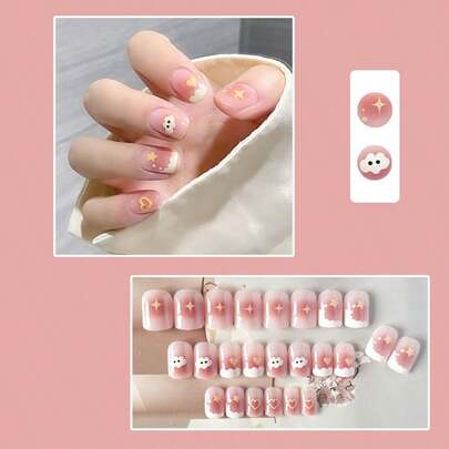 24pcs/Set Elegant Gradient Pink & White Almond-Shaped Nail Stickers With 3D Floral Butterfly Fireworks & Bow Decor, Includes Gel Polish And Nail File, Suitable For Girls/Women For Daily, Party, Autumn Nails ,Thanksgiving Halloween & Christmas