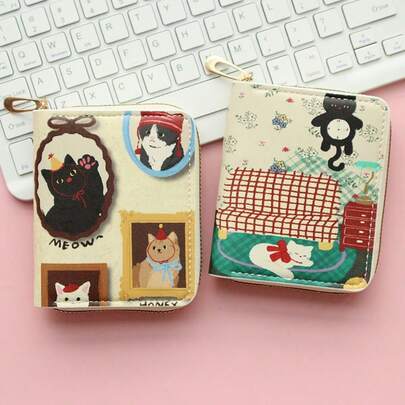1pc Cute Cat Print Cartoon Women Short Zipper Coin Purse, Compact Wallet