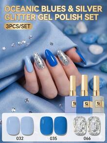 GMUME 3件組 16ml 冬季藍色凝膠指甲油套組 No.032 035 066 天空海藍色銀色亮片，適合聖誕雪景主題與夏季海灘美甲，需搭配三步驟底膠與頂膠 - 彩色 - 查看 2