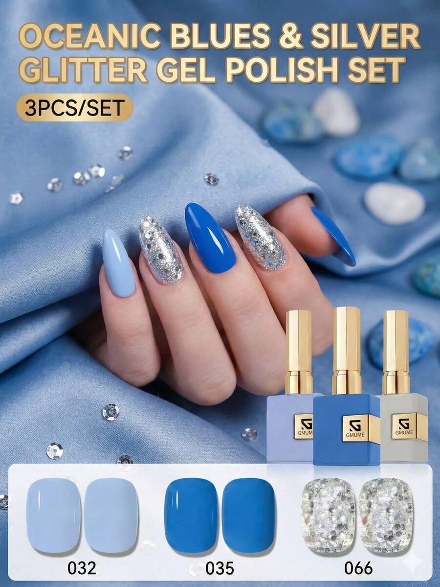 GMUME 3件組 16ml 冬季藍色凝膠指甲油套組 No.032 035 066 天空海藍色銀色亮片，適合聖誕雪景主題與夏季海灘美甲，需搭配三步驟底膠與頂膠