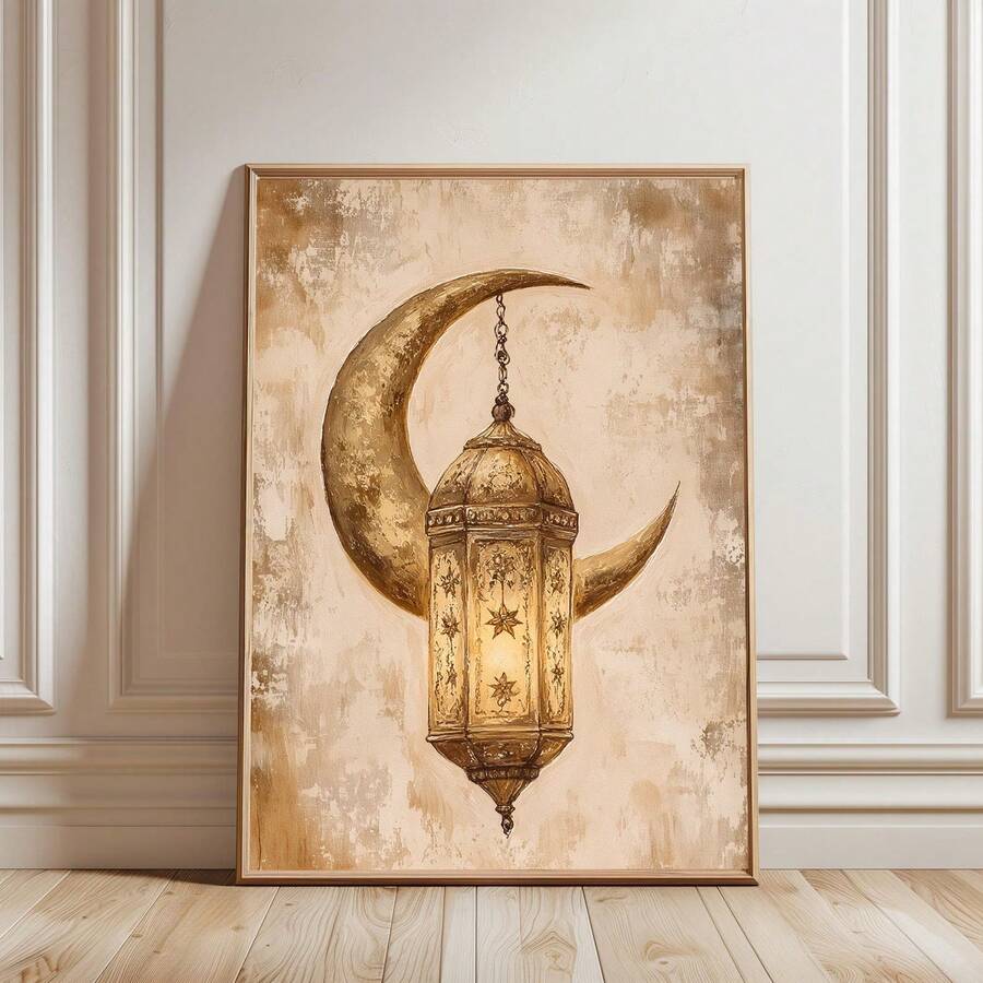 1 pieza Pintura de pared de media luna y farol sin marco, pintura digital de Ramadán en dorado y beige, decoración espiritual islámica para el hogar, decoración de Eid Mubarak, impresión estética neutra para la sala de estar, idea de regalo para la mezquita - Multicolor - Ver 1
