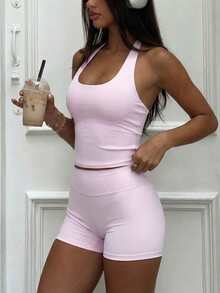 GAOVOT Bộ đồ thể thao nữ 2 mảnh mùa hè gợi cảm gồm áo tank top cổ hở có đệm ngực và quần short cạp cao ôm mông, phù hợp tập thể dục, yoga, gym, màu hồng - Hồng - Xem 10