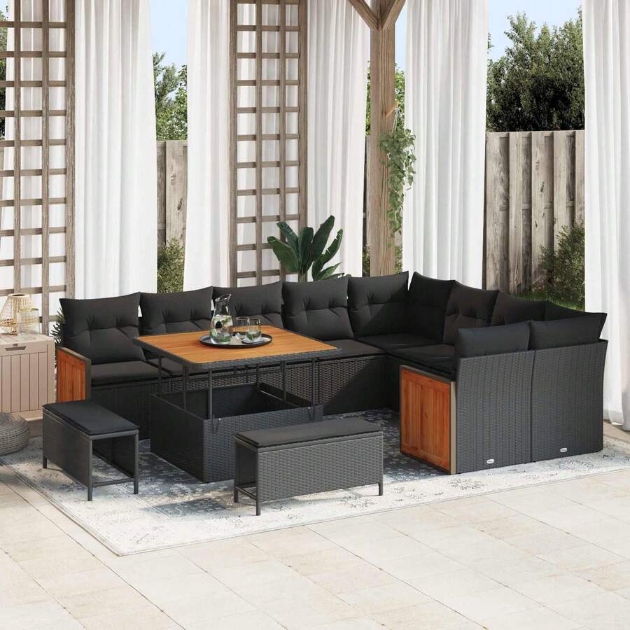 vidaXL Set divano da giardino con cuscini 13 pezzi, nero, in rattan sintetico - nero - Visualizzare 1