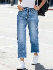 Comfortable Loose Fit Stretchy Distressed Washed Blue Frayed Hem Straight Leg Jeans For Women, Street Style - Giặt vừa - Xem 5
