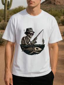T-shirt a maniche corte con stampa di scheletro da pescatore, t-shirt sportiva da uomo assorbente del sudore, con media elasticità, semplice maglietta in maglia per uomo - Bianco - Visualizzare 12