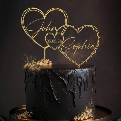 Customizable Gold Heart Shaped Wedding Cake Topper, Suitable For Weddings, Anniversaries And Other Occasions, Elegant