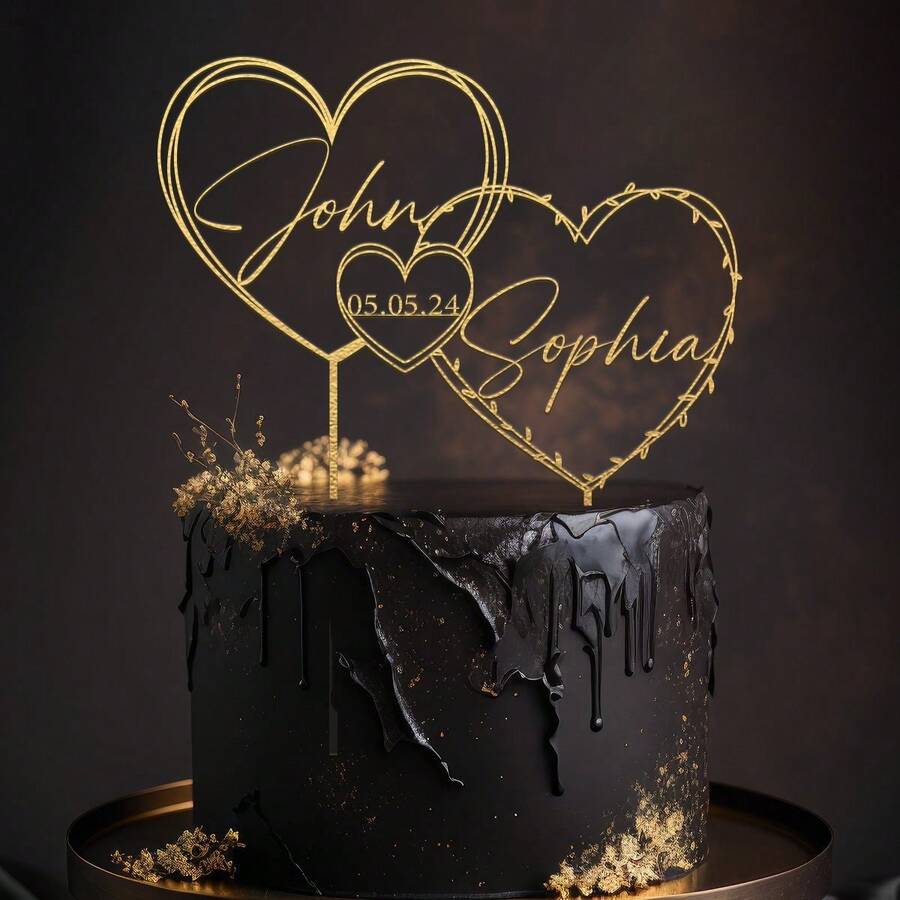 Customizable Gold Heart Shaped Wedding Cake Topper, Suitable For Weddings, Anniversaries And Other Occasions
