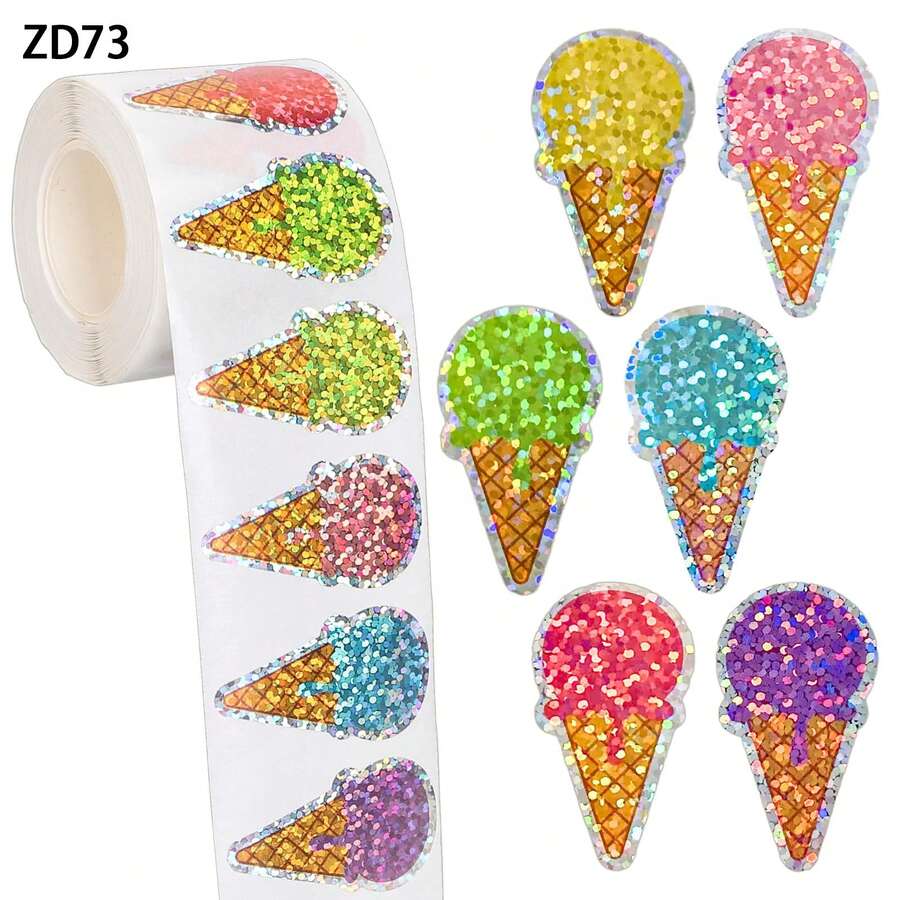 500pcs/Roll Laser Ice Cream Stickers | Colorful Decorative Self-Adhesive Gift Stickers, Candy Stickers, Made Of PVC Material - Multicolor - View 1