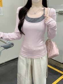 极简性感方领拼接仿两件式长袖打底衫 - 粉色 - 查看 6