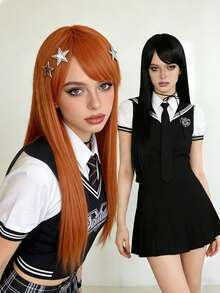 奢华亮泽直发侧刘海长假发，【不含发夹】黑色橙色高温丝女士假发，柔软逼真，易于梳理，日常及角色扮演皆宜，时尚优雅的Y2K风格 - 彩色 - 查看 1