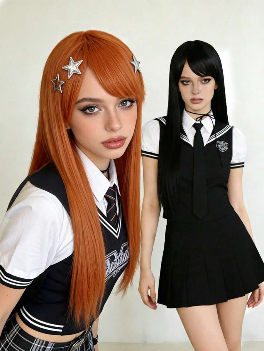 奢华亮泽直发侧刘海长假发，【不含发夹】黑色橙色高温丝女士假发，柔软逼真，易于梳理，日常及角色扮演皆宜，时尚优雅的Y2K风格 - 彩色 - 查看 1