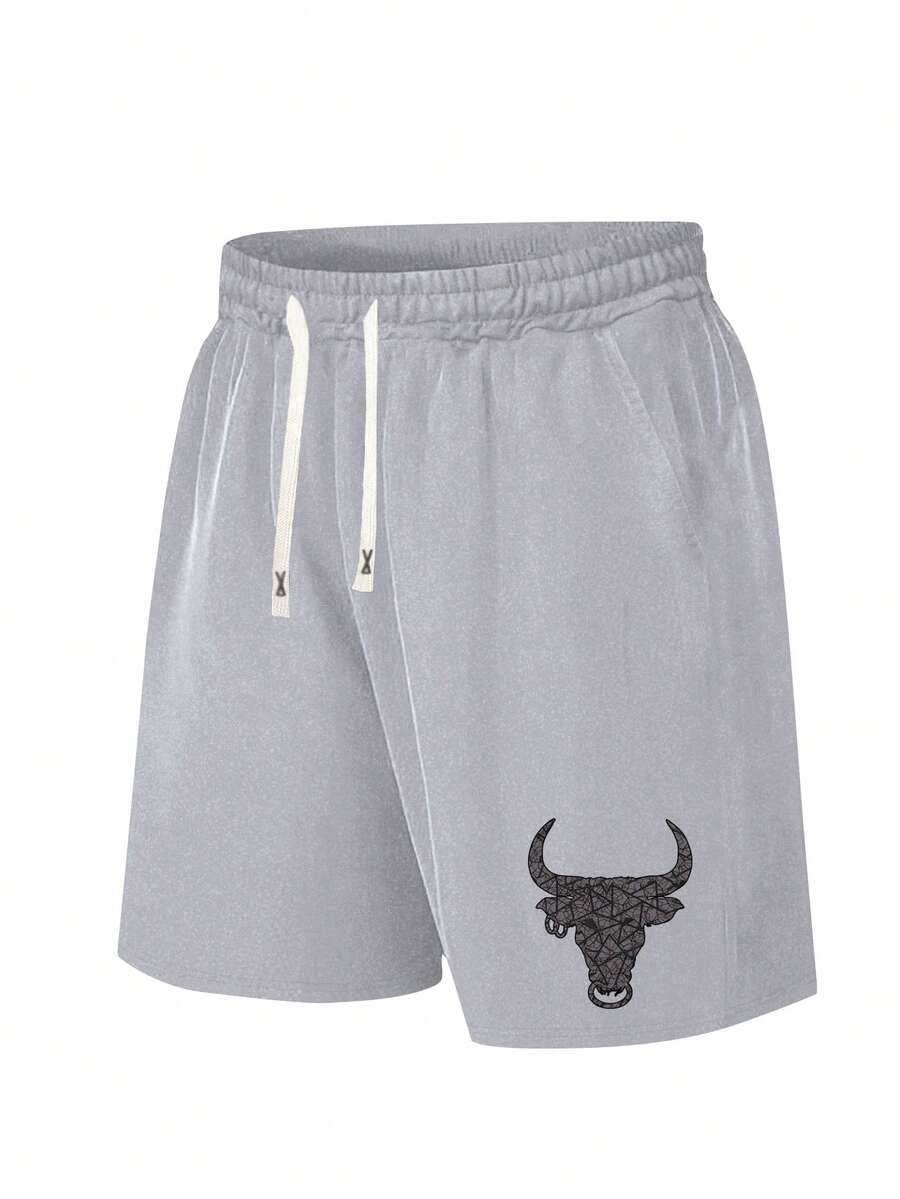 Summer New Men's Shorts Personalized Bull Pattern Print Regular Plus Size Casual Sports Shorts Men Beach Pants - Light Grey - View 1