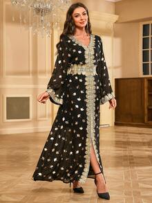 Gold Foil Leaf Patchwork Long Sleeve Dress - Black - View 6