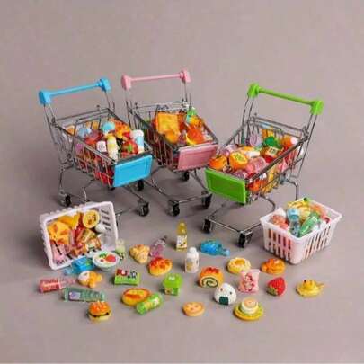 Mini chariot de supermarché réaliste pour maison de poupée, avec jouets alimentaires et accessoires - cadre robuste à 4 roues, panier d'achat ouvert et compartiment de rangement inférieur, couleurs codées (rose/vert/bleu), convient pour le jeu de rôle, la décoration de maison de poupée et les fêtes à thème - compatible avec les poupées et les figurines - comprend de la mini-épicerie et des jouets alimentaires, roues à roulement fluide, conception compacte et pratique pour stimuler le jeu imaginatif