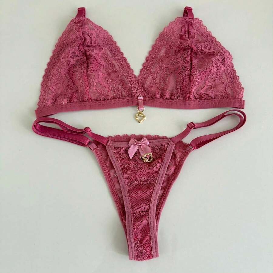 Sexy Backless Thong Set With Pendant Detail - 乾枯玫瑰色 - 查看 1