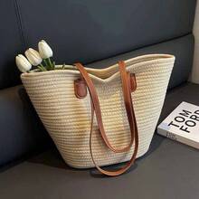 Large Capacity Woven Cotton Rope Storage Bag With Leather Handles, 1PC Casual Versatile Tote For Commuting, Beach, And Travel - Handled Organizer For Various Room Types - Multicolor - View 4