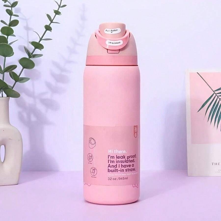 24oz /32oz Stainless Steel Insulated Water Bottle With Straw, Portable Coffee Mug Suitable For Hot & Cold Drinks, Fitness And Cycling Water Bottle, Leak-Proof Lid Travel Cup For Camping, Hiking, Driving, Outdoor Activities - 小蝴蝶結 - 查看 1