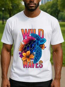 T-shirt court à manches courtes pour hommes avec imprimé de tortue , T-shirt casual d'été à manches courtes, T-shirt simple en tricot pour hommes, T-shirt confortable et unique convenant pour la plage et les activités de plein air, les voyages décontractés, les courses quotidiennes, en tissu pur, lavable en machine - Blanc - Voir 2