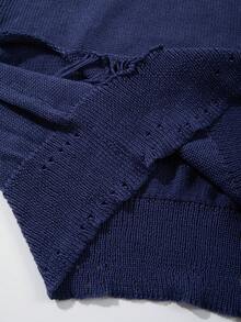 Top tricoté à col rond, manches courtes, style décontracté, ample, déchiré et délavé, style minimaliste streetwear, printemps/été, unisexe - Bleu azur - Voir 8