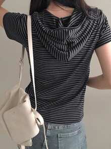 条纹连帽纽扣短袖T恤，百搭休闲宽松上衣 - 灰色 - 查看 2