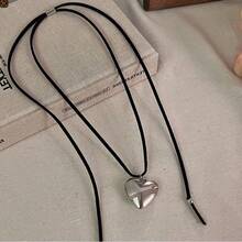 Adjustable Knotted Bow Heart Pendant Necklace, Elegant Choker Necklace - Heartfelt Silver - View 5