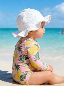 1顶女婴遮阳帽，婴儿防晒帽，幼儿女童帽，防风轻便渔夫帽，婴儿沙滩帽。宽檐设计，花卉图案和扎染工艺，饰以蕾丝。适合日常佩戴和户外活动。夏季儿童沙滩宽檐渔夫帽。 - 多色 - 查看 3