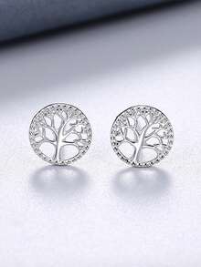 1 Pair S925 Sterling Silver Life Tree Round Stud Earrings, Fashionable & Fresh Elegant, Suitable For Daily Wear, Versatile & Exquisite Earrings Gift - Tree - View 3