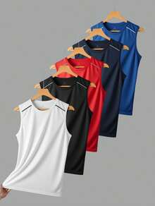 Kit Of 5 Sleeveless Sports Tank Tops For Men - Quick-Drying And Breathable Running And Gym Shirts With Geometric Patterns - Moisture-Resistant Training Shirts For Beachwear, Casual Wear - Ideal Gift For Men, Couples - Spring/Summer Sportswear, Gym Clothes - 藏蓝色 - 查看 1