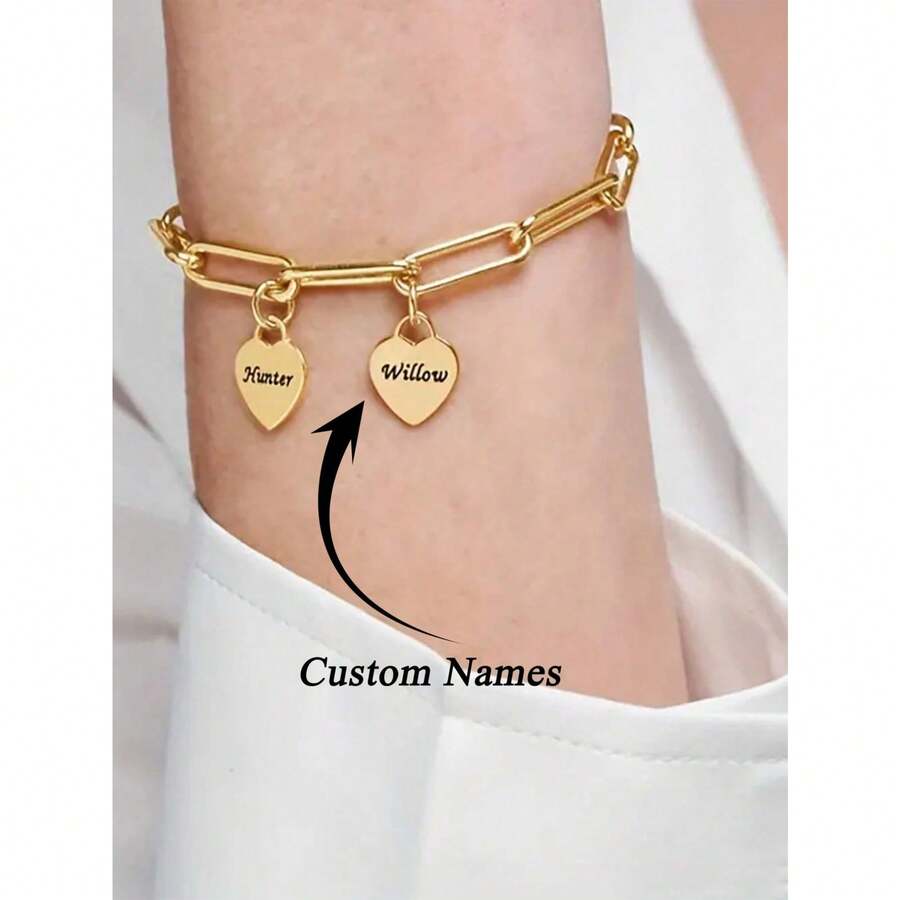 1PC Custom Name Bracelets For Women Men Personalized Heart-Shaped Charms Bracelet Customized Names Date Paperclip Chain Bracelet 1-5pcs Pendants Stainless Steel Jewelry Family Anniversary Gifts Birthday Gift - Multicolor - View 1