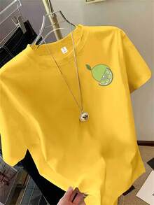 Women's Fashion Printed Short Sleeve T-Shirt With Lemon Pattern, White Short Sleeve, Round Neck Casual All-Season Women's Top, Loose And Comfortable Summer Tops - 黃色 1 - 查看 1