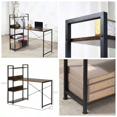 Retro Industrial Computer Desk Home Office Table With 4 - Tier Storage Shelf Metal Frame Computer Workstation Home Office, Brown