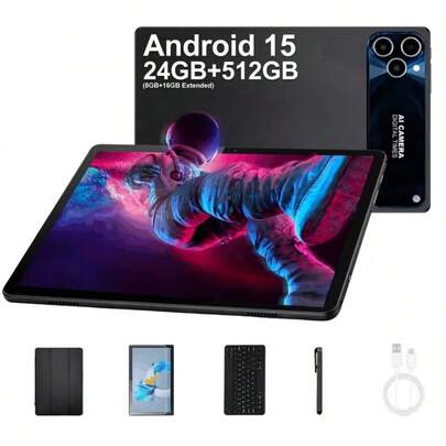 W&O All-in-one Android 15 tablet, 10.1-inch screen, 24GB (8GB+16GB) RAM, 512GB storage, 8MP front camera, 16MP dual rear camera, 6000mAh battery, high-performance processor, suitable for work, entertainment, and multitasking.