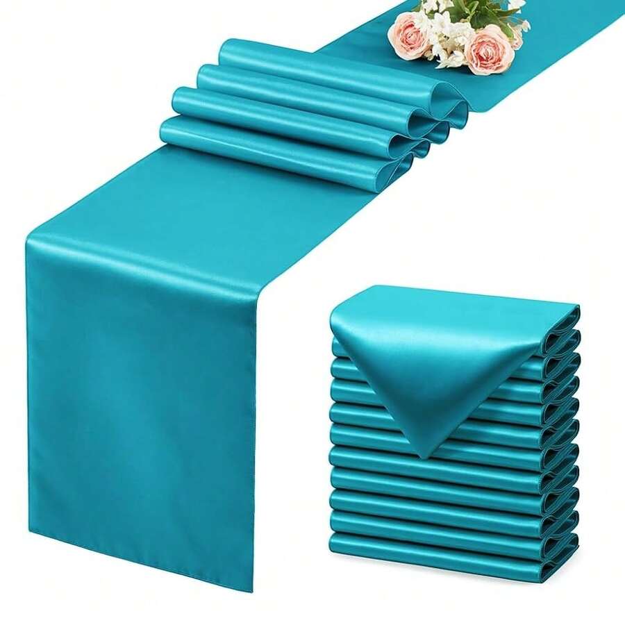 12 Pack Teal Blue Table Runner 12x108 Inches Long, Satin Silk-Like Smooth Table Decor For Wedding Prom Event Party - 藍綠色 - 查看 1